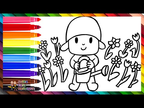 Draw and Color Pocoyo Watering Flowers 👶 💦🌷🌼🌻🌹🌺 Drawings for Kids