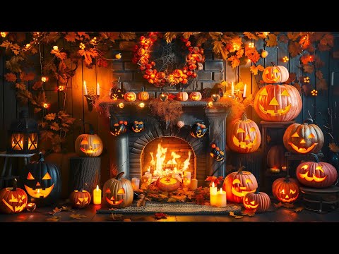 Cozy Fireplace Halloween with Pumpkin Halloween🔥🎃 Crackling Fire, Candle and Autumn Leaves