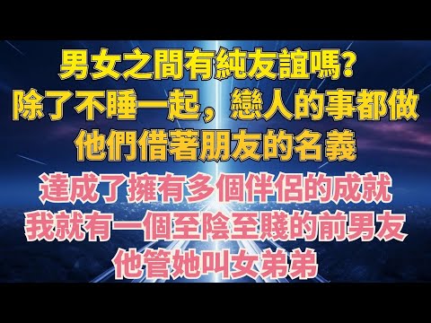 男女之間有純友誼嗎？除了不睡一起，戀人的事都做，他們借著朋友的名義，達成了擁有多個伴侶的成就，我就有一個這樣至陰至賤的前男友，他管她叫“女弟弟”