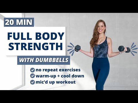 20 Min FULL BODY DUMBBELL STRENGTH Workout with No Repeat Exercises | Warm Up + Cool Down Included