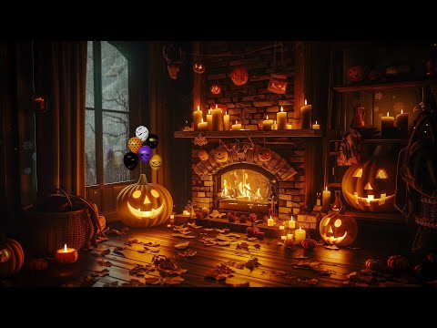 Cozy Haunted House Autumn Halloween🎃Relaxing Fireplace Halloween with Rain Window🔥Halloween 31 Oct