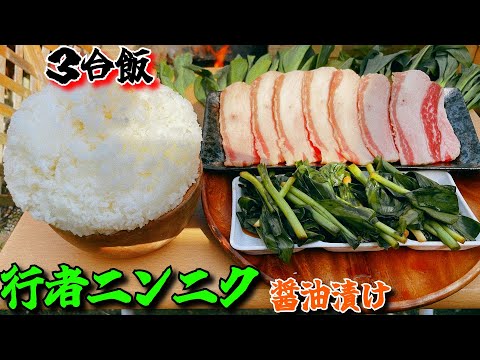 【3合飯】朝採り行者ニンニクを醤油漬けにして肉巻きにして食う‼マジで美味すぎる‼