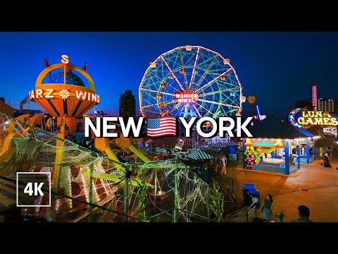 USA 🇺🇸 Coney Island Amusement Park 🗽 New York Night Walk - Virtual Walking Tour 4K