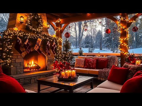 Peaceful Winter Porch ❄️ | Christmas Jazz, Snowfall, and Cozy Fireplace Sounds