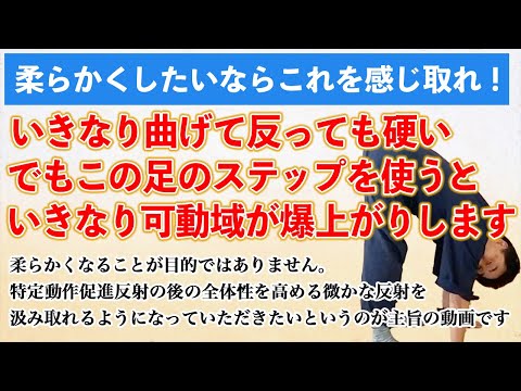 左右ステップ柔軟法　左右別のあるステップを使うと、逆反射運動がかすかに出た後で、いきなり可動域が無理なく広がる現象を解説しました