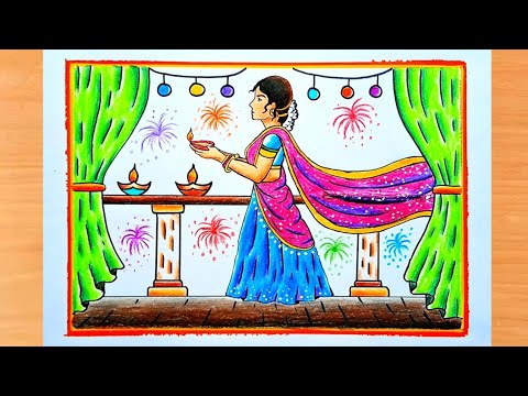 Diwali girl drawing | How to draw Diwali | Diwali drawing | Happy Diwali 2024