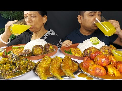 ASMR MOTHER AND SON FOOD EATING SHOW FISH , CHICKEN EGGS WITH BASMATI RICE