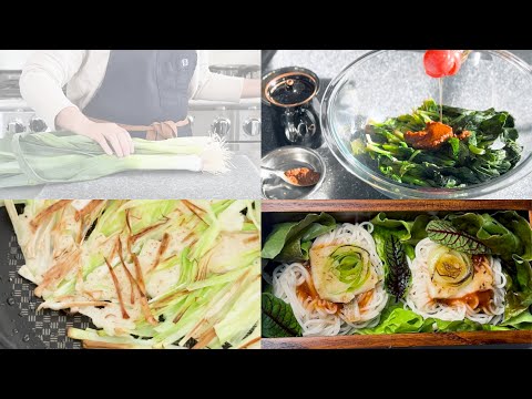 Vegan Garden Bento Box with leek pancakes and steamed seasoned spinach and rice noodles