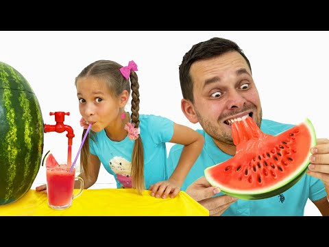 Sofia and Dad make Watermelon juice and Watermelon slime