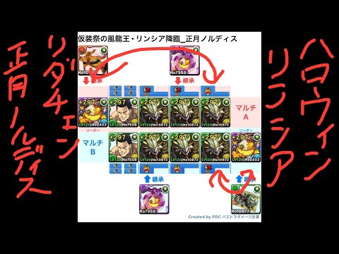 [パズドラ]ハロウィンイベント_仮装祭の風龍王･リンシア降臨_リダチェン正月ノルディスパ_2人マルチ周回編成[パズル&ドラゴンズ]