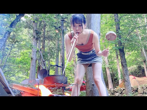 Ham sandwich on bonfire, Sweat buckets summer camping, Japanese camping girl