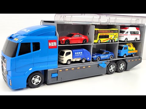 トミカ☆はたらくくるまのミニカーを開封してコンボイへ収納します！Tomica miniature cars opened and stored in big convoy