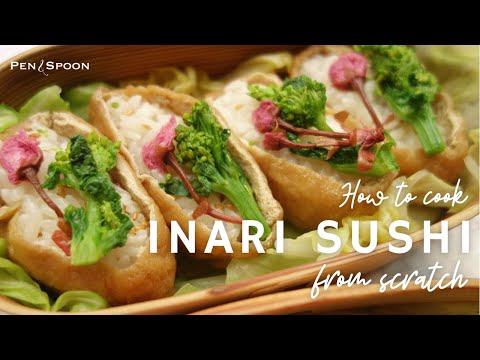 How to make Inari sushi(sushi rice in deep-fried tofu) from scratch(vegan) | 春のいなりずしの作り方