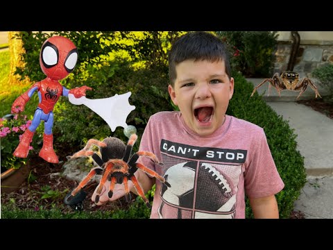 CALEB and MOMMY LOOK for SPIDERS & OPEN NEW SPIDEY & FRIENDS TOYS from HASBRO! BACKYARD BUG HUNT