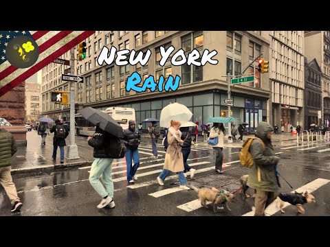 Rainy day Walk in Lower Manhattan, New York - 4K Virtual Tour with Relaxing Rain Sounds"