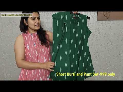 Ikat handloom pure cotton short kurti pant sets in store | Sizes from 38-42 .ping on 8618161581