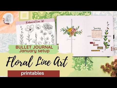 line art themed bullet journal | bujo setup January 2023 | PLAN WITH ME | line art floral printable