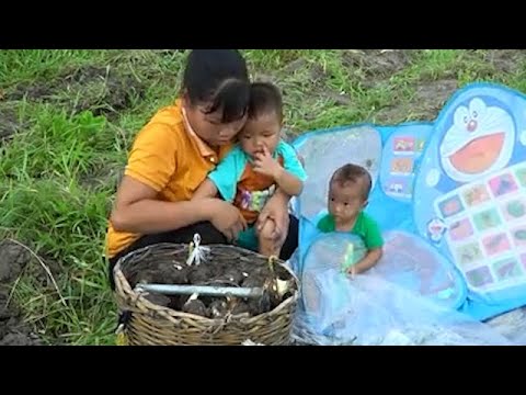 single mother - harvesting taro, weaving chicken coops, catching chickens to sell at market