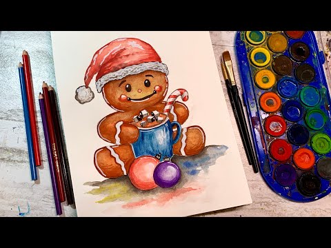 How to Paint a Cute Gingerbread with Hot Cocoa | Easy Watercolor Painting Tutorial