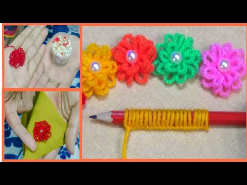 Woolen Flower | Easy Flower Embroidery Trick / Sewing Haks - Woolen Flower making ideas with Pencil