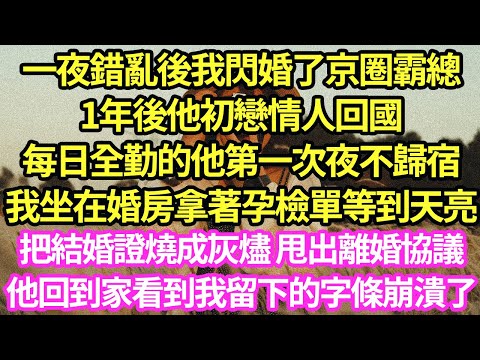 一夜錯亂後我閃婚了京圈霸總，1年後他初戀情人回國，每日全勤的他第一次夜不歸宿，我坐在婚房拿著孕檢單等到天亮，把結婚證燒成灰燼 甩出離婚協議，他回到家看到我留下的字條崩潰了#甜寵#小說#霸總