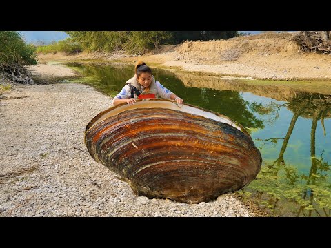 The girl forcefully pried open the clam and obtained a super beautiful pearl