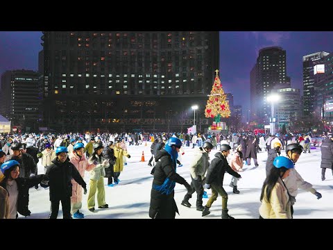 Crowded 0.68 Dollar Tour ↓ Seoul Plaza Skating Rink Evening Night Tour, Seoul Winter Festa.