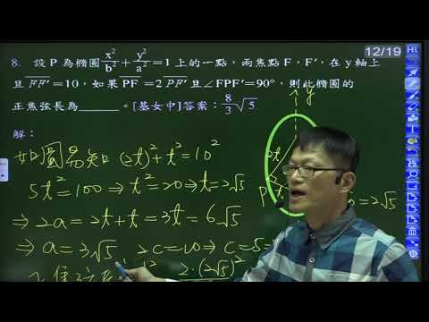 B4--4-2--練習卷--填充8---設P為橢圓上的一點，兩焦點F，F'在y軸上，FF'=10且PF=2PF'，如果角FPF'=90度，求此橢圓正焦弦