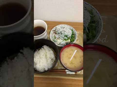 四毒抜きランチ　鰹節と豆腐と乾燥椎茸と乾燥ワカメの味噌汁。ミョウガ、ネギ、しらすの冷奴。鮭フレーク、ネギ、醤油の卵かけご飯、ダージリン