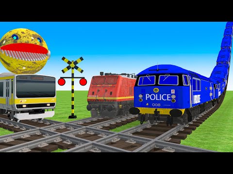 【踏切アニメ】あぶない電車 POLICE Train vs Pacman| Fumikiri3D Railroad Crossing Animation #2