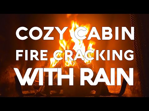 Cozy cabin fire cracking with rain