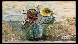 7 flowers in a pot, acrylic painting with tea and gesso