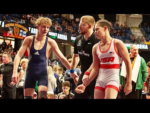 U15 David Burchett (USA) vs Ernests Benkens (LAT) 68kg. Freestyle boys youth wrestling. B-cam-man