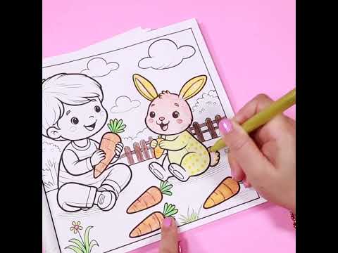 "Little boy & Cute bunny's  Carrot Picnic" Coloring Page | Kids & Animal Coloring Book By Lily Grace