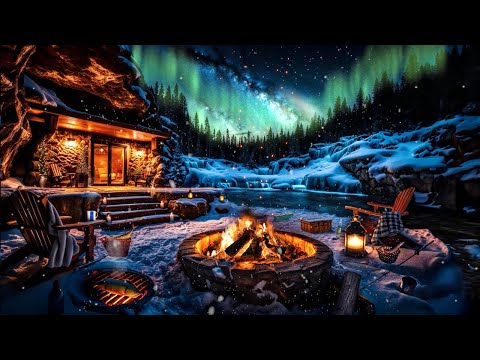 NORTHERN LIGHTS WINTER AMBIENCE-ICE FISHING-FROZEN STREAM-COZY FIRE-FALLING SNOW-STAR GAZING ASMR