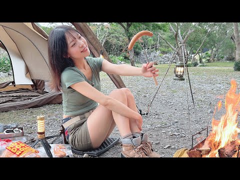 Rain camping, Big sausage on bonfire, Car breakdown, Japanese camping girl