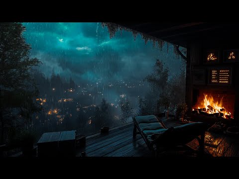 Misty Forest Porch In Rain: Extreme Thunder and Rain, Cozy Fireplace Sounds To Relax, Sleep, Rest