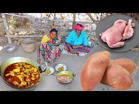 Chicken Curry with sweet Potato cooking & eating by our santali tribe grandmaa