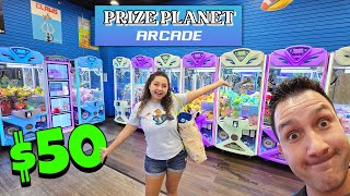 $50 Challenge at a NEW Claw Machine Arcade near us! - Prize Planet Arcade