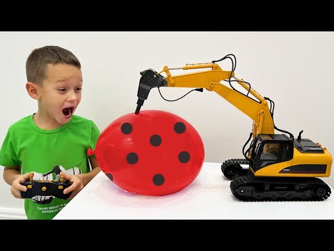 Sofia and Max playing with Toy tractor excavator and Balloons