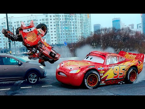 Lightning McQueen TRANSFORMERS in Real Life on Road cars 4PIXAR