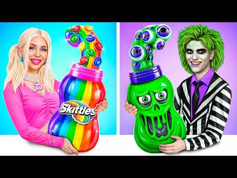 Beetlejuice vs Barbie Cooking Challenge! One Colored Food Challenge by YUMMY JELLY