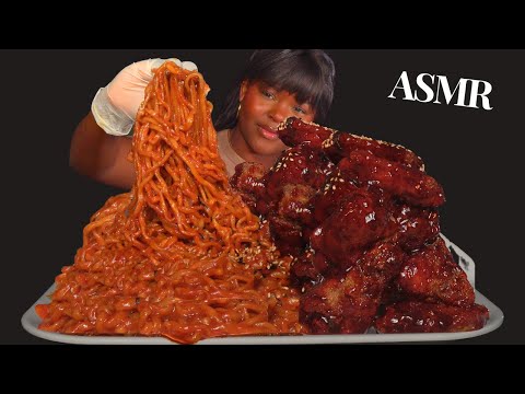 ASMR SPICY CHICKEN WINGS  & SPICY NOODLES MUKBANG (NO Talking) silent reaction |Sticky Eating Sounds