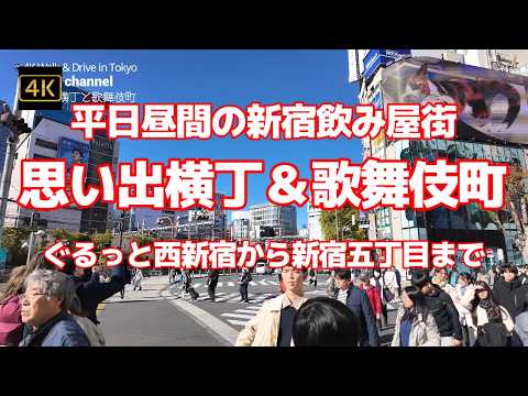 4K 【平日昼間の新宿飲み屋街「思い出横丁＆歌舞伎町」ぐるっと西新宿から新宿五丁目まで】【工事中の小田急百貨店→思い出横丁→ホームレスのいる地下道→工事中の東口→歌舞伎町】