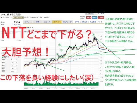 NTT法改正で政府が保有するNTT株(全体の3分の1)が売却されるということで短期間で大きく下落したNTT株。どこで下げ止まり、上方転換するか予測してみた。今回の予想値は割と自信あり！