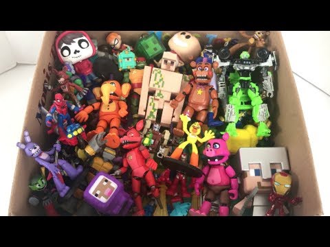 Box of Toys Action Figures with Names Freddy  Chica Foxy Miguel Iron Golem Spider-Man