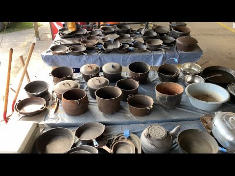 Shopping at Uncle Bills flea market to sale on eBay Antiques Cast iron cookware picking vlog