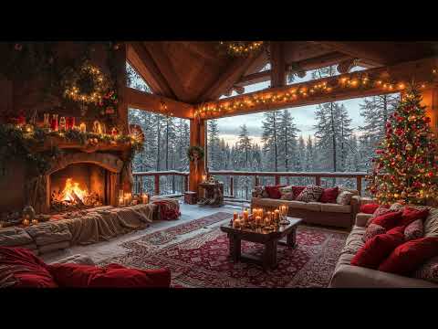 Snowfall, Fireplace Burning & Relaxing Christmas Jazz 🎄 Cozy Christmas Porch Ambience for Good Mood