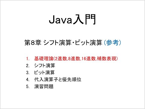 Java入門 第8章 シフト演算・ビット演算 (1)基礎理論(2進数,8進数,16進数,補数表現)