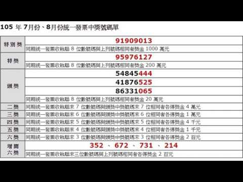 105年7月份、8月份統一發票中獎號碼單（開獎對獎號碼2016）。